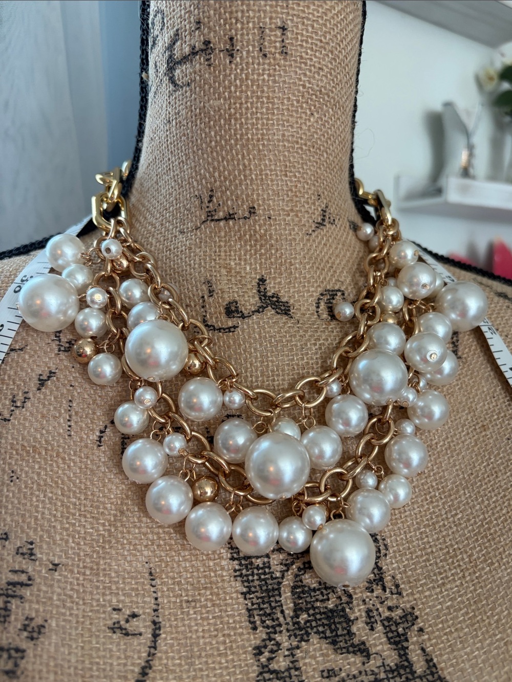 Gold Chain Multi-Strand Pearl Statement Necklace